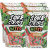 Sour Strips Bites-Four Pack by Sour Strips in Watermelon flavor, with colorful resealable bags featuring green cartoon faces and showcasing red and green extremely sour candy pieces.