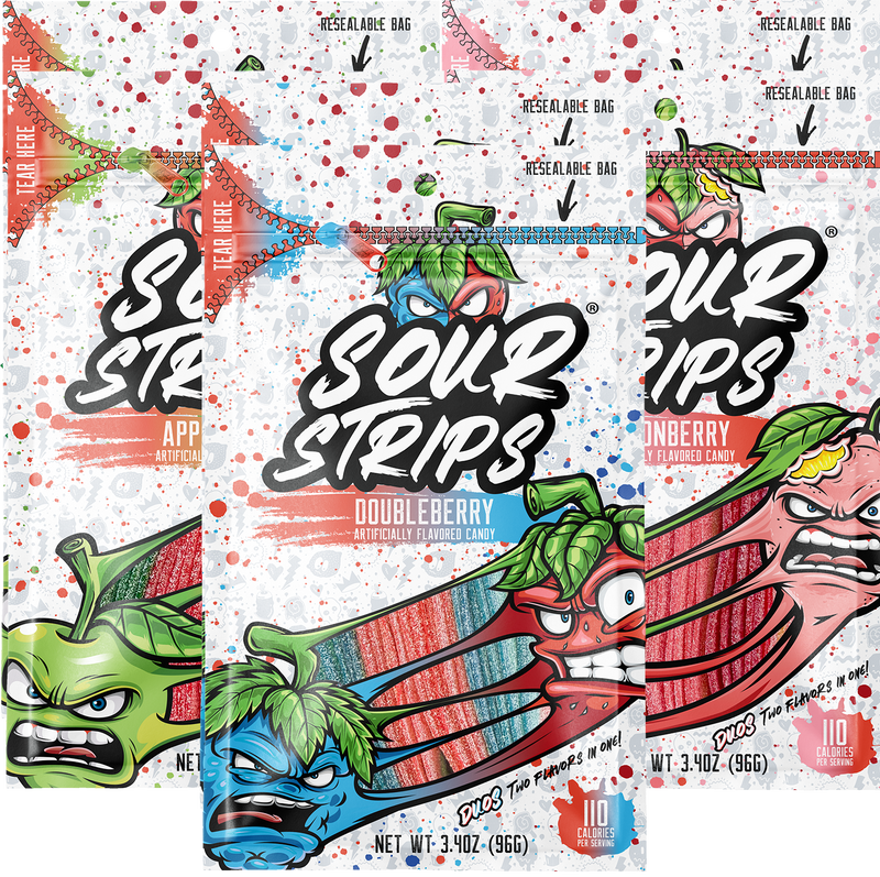The SourStrips Duos Sampler-Six Pack displays three colorful packs of sour candy with animated angry fruit characters. Flavors like Apple, Doubleberry, and Watermelon are shown in bold text on resealable packaging.