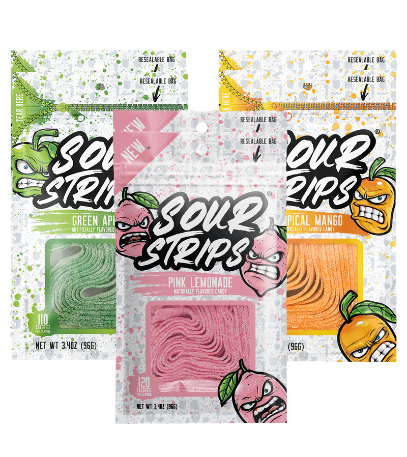 Image of the Newbie Sampler-Six Pack from the SourStrips brand, showcasing three packs of candy in Green Apple, Pink Lemonade, and Tropical Mango flavors. Each resealable pack features a colorful cartoon fruit character on the front that matches the mouthwatering flavor, adorned with vibrant splashes and promising an extremely sour experience.