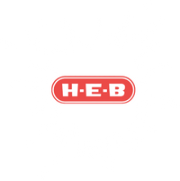 A logo consisting of a red oval with white borders, containing the text "H-E-B" in bold white letters. The logo is set against the backdrop of a white paint splatter pattern.