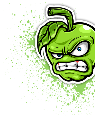 Illustration of an angry green apple with a fierce expression, clenched teeth, and furrowed eyebrows. The apple has two leaves and a stem on top. The background features green splatter effects, enhancing the dynamic and intense look of the image.