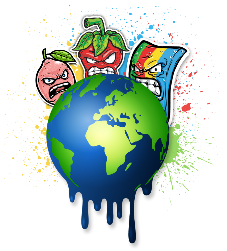 A colorful graphic depicting an angry-looking, splashing globe centered against a splatter paint background. Surrounding the globe are three fierce-faced characters resembling fruits and a cartoon-like detergent box, all conveying intense emotions.