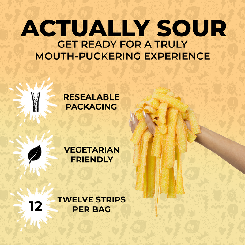 A hand holding a bunch of sour tropical mango candy strips. Text on the image includes "Actually Sour," "Get Ready for a Truly Mouth-Puckering Experience," alongside three bullet points: "Resealable Packaging," "Vegetarian Friendly," and "Twelve Strips Per Bag."