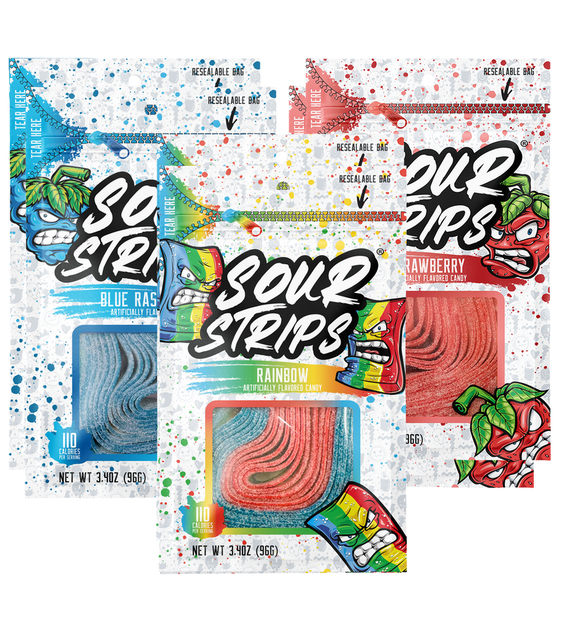 Image of the SourStrips Original Sampler-Six Pack featuring three resealable packages in Blue Raspberry, Rainbow, and Strawberry flavors. Each package boasts vibrant, colorful designs with cartoon fruit characters and visible strips of extremely sour candy.