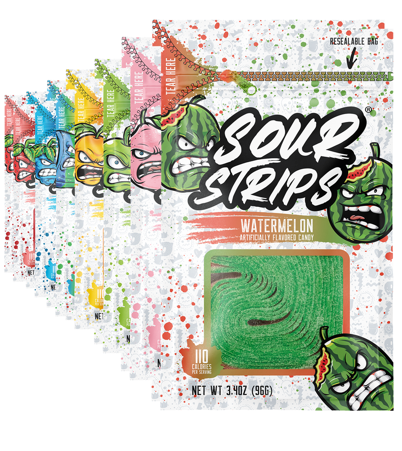 14 bags of assorted flavors of Sour Strips candy including Watermelon, Pink Lemonade, Green apple, tropical mango, rainbow, blue raspberry and strawberry, each weighing 3.4 ounces (96 grams). The vibrant design for each flavor mentioned, features a color cartoon character of that flavor on a speckled white and colored background that represents the flavor. These sour treats come in resealable bags for your convenience.