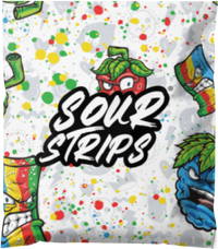 A colorful package of Build a Bag candy from Sour Strips, featuring vibrant and expressive cartoon faces of sour candy pieces. The background showcases a splattered paint design in green, red, and yellow, with the bold text "Sour Strips" prominently displayed in the center.