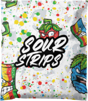 A colorful package of Build a Bag candy from Sour Strips, featuring vibrant and expressive cartoon faces of sour candy pieces. The background showcases a splattered paint design in green, red, and yellow, with the bold text "Sour Strips" prominently displayed in the center.