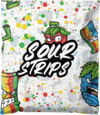 A colorful package of Build a Bag candy from Sour Strips, featuring vibrant and expressive cartoon faces of sour candy pieces. The background showcases a splattered paint design in green, red, and yellow, with the bold text "Sour Strips" prominently displayed in the center.