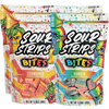 The Sour Strips Bites-Four Pack by Sour Strips includes two vibrant bags: "Strawbango" with red and orange strips, and "Rainbow," a colorful mix. Both packs display extremely sour animated fruit characters on their playful packaging.