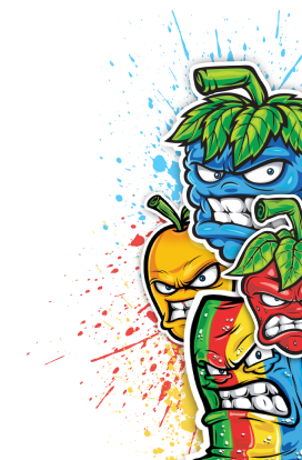 Colorful, animated fruits with angry expressions are stacked vertically to the right against a black background with vibrant paint splatters. Each fruit is uniquely colored and appears to have faces displaying intense emotions.