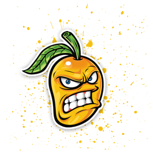 A cartoon illustration of a yellow, angry-looking fruit with a green leaf on top. The fruit is showing clenched teeth and furrowed brows, set against a background of scattered yellow splatters.