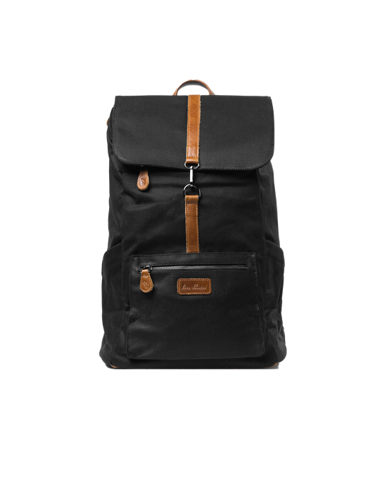 The Sick Backpack by SourStrips is a cool black bag featuring brown leather accents and a flap closure secured by a buckle. It includes a front zipper pocket, top handle, and showcases a sleek, minimalist design with the brand’s label on the front pocket. Please note that no returns are allowed if defective; refunds will be processed.