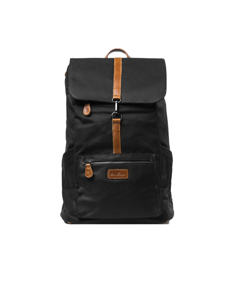 The Sick Backpack by SourStrips is a cool black bag featuring brown leather accents and a flap closure secured by a buckle. It includes a front zipper pocket, top handle, and showcases a sleek, minimalist design with the brand’s label on the front pocket. Please note that no returns are allowed if defective; refunds will be processed.