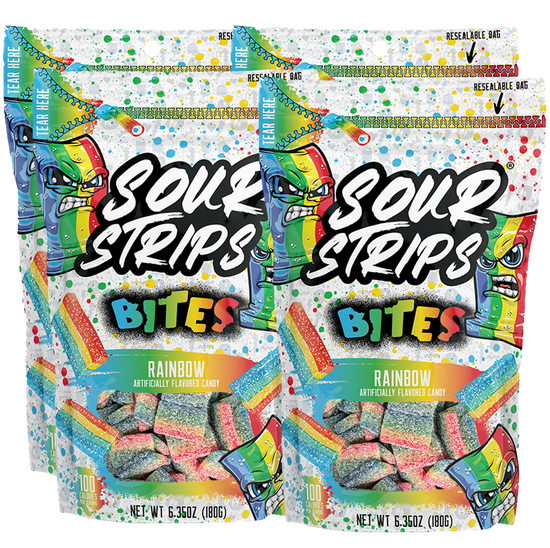 4 layered vibrant bags from the Sour Strips Bites-Four Pack by Sour Strips are displayed. Each resealable bag is labeled "Rainbow flavor" and features colorful, rectangular, multi-colored sour candies. The packaging showcases a playful, cartoon-like face and emphasizes its resealable feature.