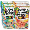 Two colorful resealable bags from the Sour Strips Bites-Four Pack by Sour Strips are displayed, one showcasing Rainbow flavor and the other presenting Strawbango flavor. The bags are adorned with vibrant, cartoon-like fruit characters and an assortment of bite-sized pieces of colorful candy strips.