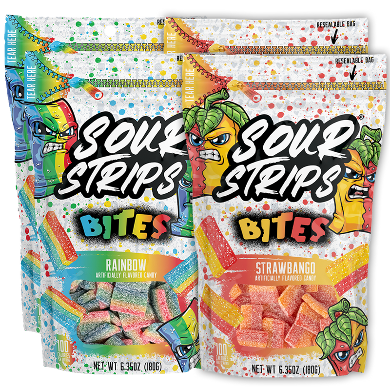 Two colorful resealable bags from the Sour Strips Bites-Four Pack by Sour Strips are displayed, one showcasing Rainbow flavor and the other presenting Strawbango flavor. The bags are adorned with vibrant, cartoon-like fruit characters and an assortment of bite-sized pieces of colorful candy strips.