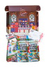 The SourStrips Holiday Gift Box-Fourteen Pack features colorful candy packs, limited edition stickers, and a gift card in a festive box with a holiday kitchen scene printed inside the lid.