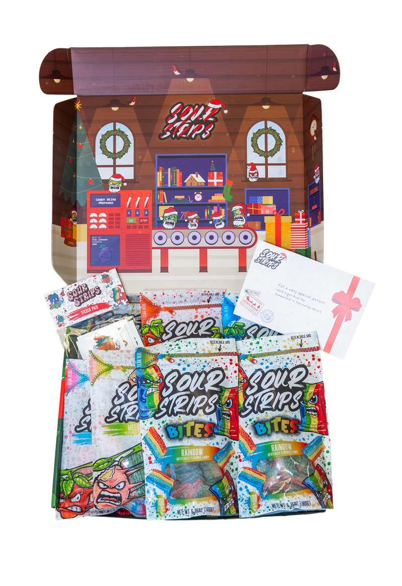 The SourStrips Holiday Gift Box-Fourteen Pack features colorful candy packs, limited edition stickers, and a gift card in a festive box with a holiday kitchen scene printed inside the lid.