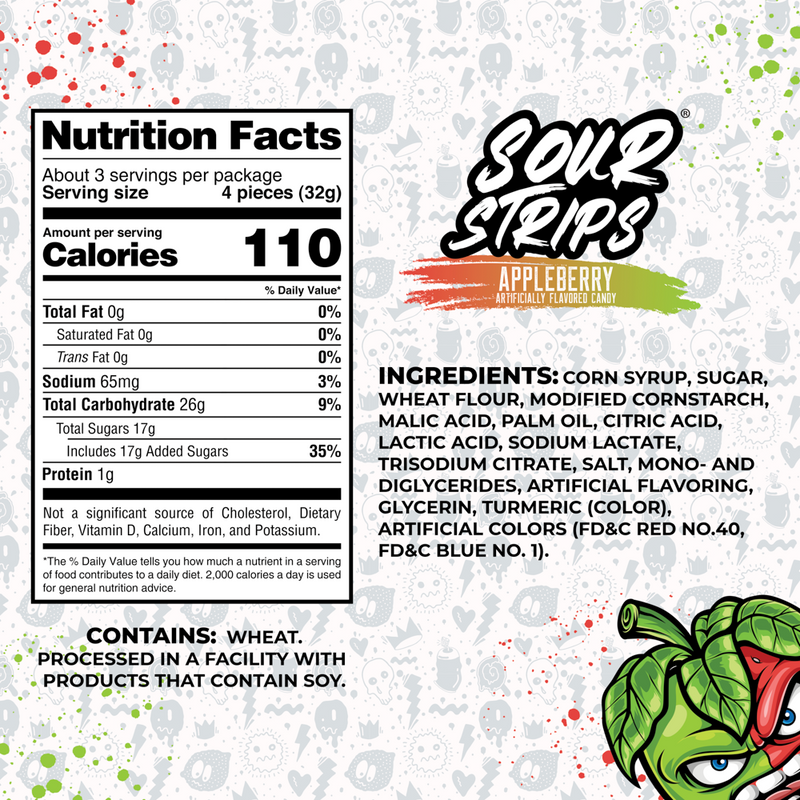 The Appleberry-Six Pack by SourStrips has a resealable bag featuring nutrition facts, ingredients, and allergy info. It displays a cartoon green apple with an angry expression against a gray and white pattern background.