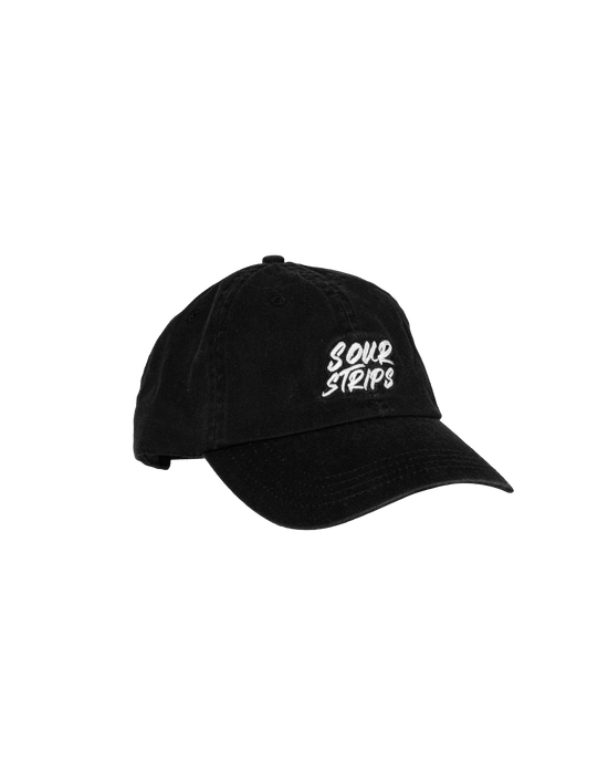 Black hat with curved brim. Sour Strips logo on front center of hat in white color