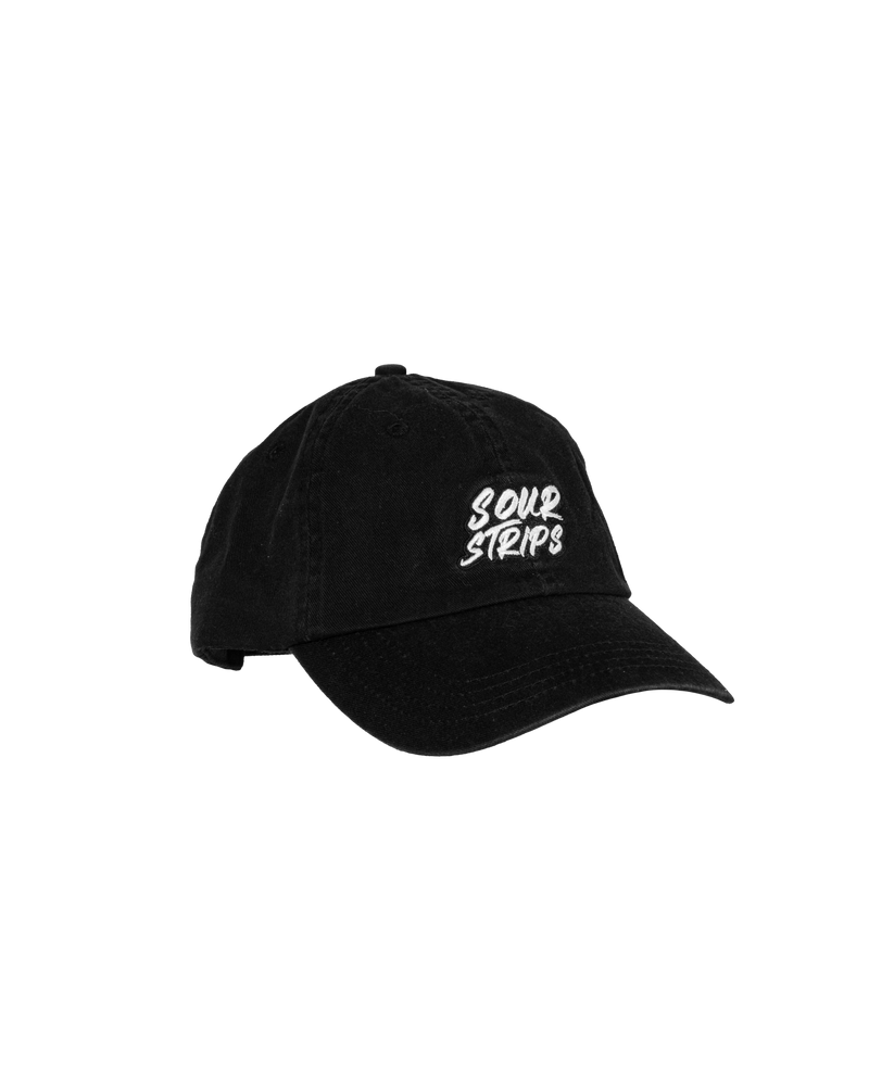 Black hat with curved brim. Sour Strips logo on front center of hat in white color