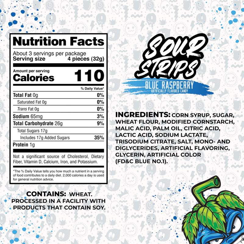The image is of a "Blue Raspberry-Six Pack" candy package from SourStrips. The packaging contains detailed nutrition facts, ingredient list, and allergen information. It also features a colorful design with a green character and splashes of blue.