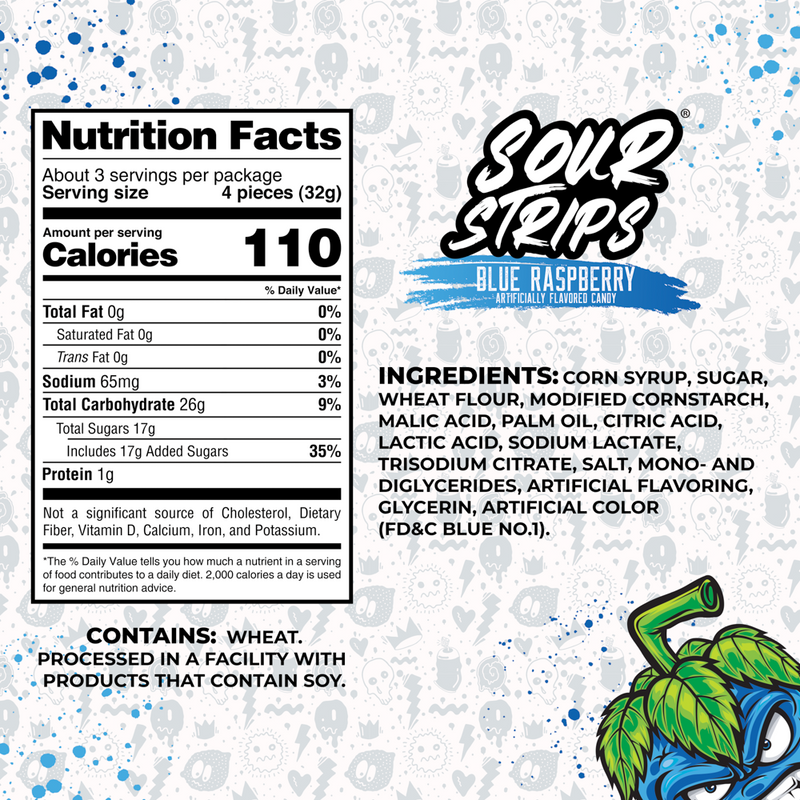 An image of a Blue Raspberry Party Pack-Three Pack by Sour Strips. The white background is accented with splashes of blue and black. Featuring nutrition facts, a list of ingredients, and a green cartoon raspberry character, this Party Pack is perfect for any occasion!