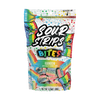 One vibrant bag from the Sour Strips Bites-Single Pack by Sour Strips are displayed. Each resealable bag is labeled "Rainbow flavor" and features colorful, rectangular, multi-colored sour candies. The packaging showcases a playful, cartoon-like face and emphasizes its resealable feature.