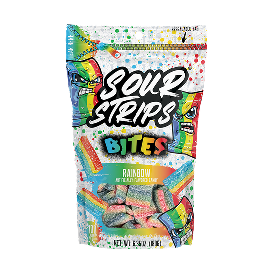 One vibrant bag from the Sour Strips Bites-Single Pack by Sour Strips are displayed. Each resealable bag is labeled "Rainbow flavor" and features colorful, rectangular, multi-colored sour candies. The packaging showcases a playful, cartoon-like face and emphasizes its resealable feature.