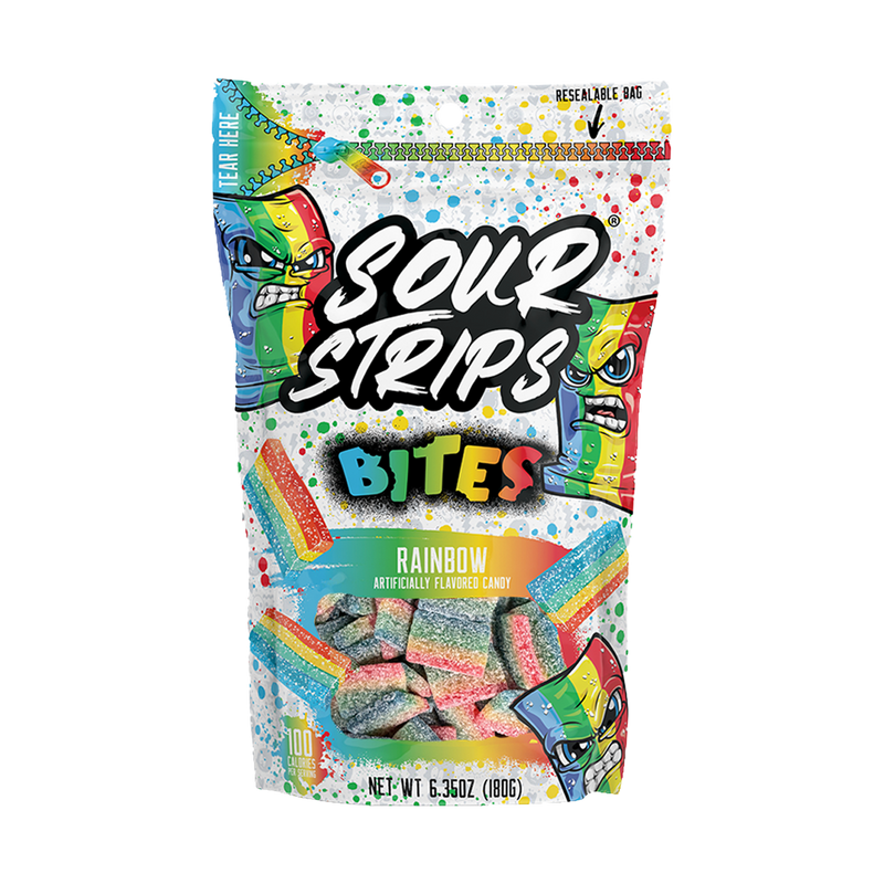 One vibrant bag from the Sour Strips Bites-Single Pack by Sour Strips are displayed. Each resealable bag is labeled "Rainbow flavor" and features colorful, rectangular, multi-colored sour candies. The packaging showcases a playful, cartoon-like face and emphasizes its resealable feature.