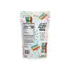 The back of a colorful sour candy package labeled "Sour Strips Bites." It displays nutrition facts and an image of vibrant, rainbow-colored candy strips. The package also includes a QR code and a tagline, "Get ready for a color and flavor party in your mouth.