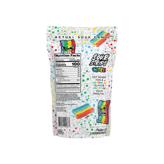 The back of a colorful sour candy package labeled "Sour Strips Bites." It displays nutrition facts and an image of vibrant, rainbow-colored candy strips. The package also includes a QR code and a tagline, "Get ready for a color and flavor party in your mouth.