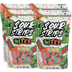 Sour Strips Bites-Four Pack by Sour Strips in Watermelon flavor, with colorful resealable bags featuring green cartoon faces and showcasing red and green extremely sour candy pieces.
