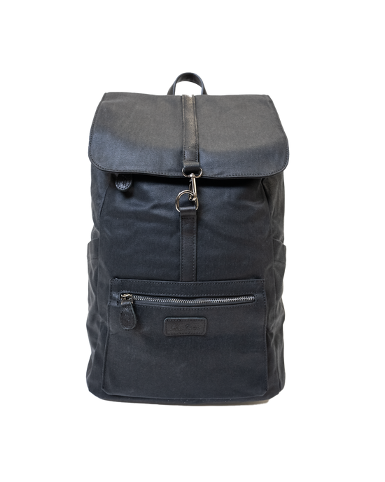 Introducing the Sick Backpack by SourStrips: a sleek black backpack with a flap cover secured by a sturdy metal clasp and strap. It includes a convenient front zipper pocket and side pockets. Made from durable fabric, this minimalist design combines functionality with style.