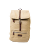 Introducing the Sick Backpack from SourStrips: a beige fabric backpack accented with brown leather, ideal for anyone in search of a stylish and practical accessory. It boasts a front zipper pocket with a leather pull tab, a top flap secured by a leather strap and metal clasp, and a convenient small side pocket. The design is clean and functional.