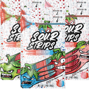 The SourStrips Duos Sampler-Six Pack displays three colorful packs of sour candy with animated angry fruit characters. Flavors like Apple, Doubleberry, and Watermelon are shown in bold text on resealable packaging.