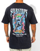 A person wears the SourStrips Blue Venom Tee, a black unisex cotton shirt with a bold hourglass graphic featuring a skull, snakes, and flowers, plus the text “SOUR STRIPS” and “SOUR CANDY TO DIE FOR.” Perfect for bold graphic tee fans.