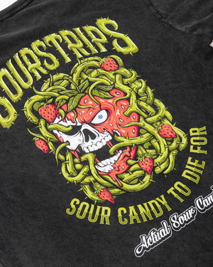 The Twisted Temptation Tee by SourStrips is a black unisex cotton shirt with a skull made of strawberry and vines, small strawberries, yellow "SOURSTRIPS" text above, "SOUR CANDY TO DIE FOR" below, and “Actual Sour Candy” in script.