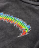 Close-up of the SourStrips Sour Storm Tee, a dark gray unisex cotton shirt featuring "QUASISTRIPES" in a colorful, lightning bolt-inspired zigzag font—perfect for fans of bold graphic T-shirts.