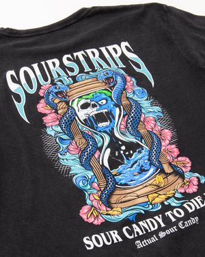 The Blue Venom Tee by SourStrips is a black unisex cotton shirt with a bold hourglass, skull, blue snakes, and pink flowers design. "SOUR STRIPS" is above and "SOUR CANDY TO DIE FOR Actual Sour Candy" below—perfect for graphic tee fans.