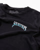 The Blue Venom Tee by SourStrips is a black unisex cotton shirt with "SOURSTRIPS" in bold white and blue across the chest, laid flat and slightly wrinkled, featuring a "LARGE" inner tag for easy sizing.