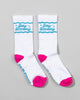 SourStrips Dreamberry Crew Socks are unisex white cotton socks with bright pink toes and heels, blue "Stay Dreamy" text and stars at the top, plus additional blue writing partially visible on the soles.