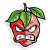 Illustration of an angry strawberry with sharp teeth and menacing eyes. The strawberry has green leaves on top, is two-toned red and pink, and displays an aggressive expression. The drawing is stylized with bold outlines and vibrant colors.