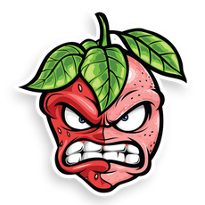 Illustration of an angry strawberry with sharp teeth and menacing eyes. The strawberry has green leaves on top, is two-toned red and pink, and displays an aggressive expression. The drawing is stylized with bold outlines and vibrant colors.