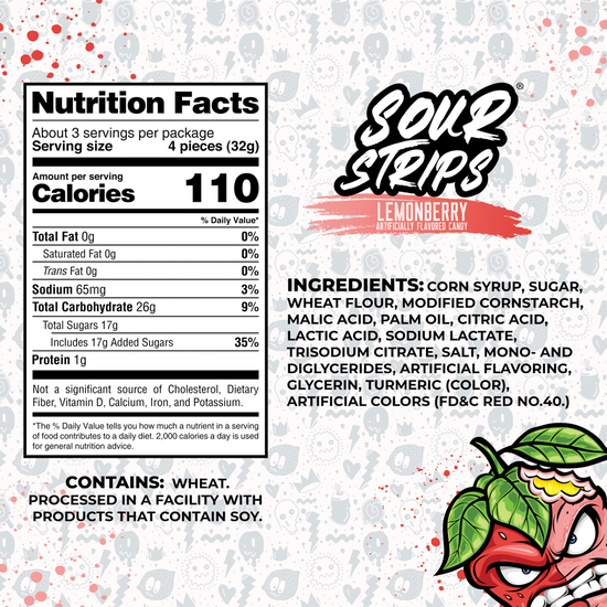 Introducing SourStrips' Lemonberry-Six Pack Limited Edition! This zesty treat has 110 calories per serving and features corn syrup, sugar, and artificial flavors. The image shows an angry lemon with a vibrant green leaf.