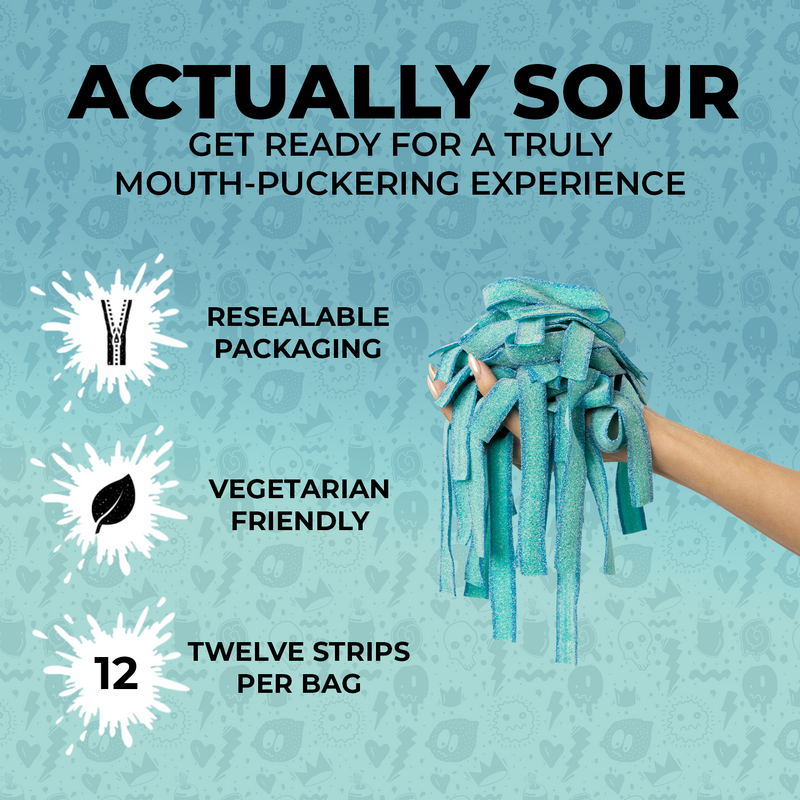  A hand holding a bunch of sour blue raspberry candy strips. Text on the image includes "Actually Sour," "Get Ready for a Truly Mouth-Puckering Experience," alongside three bullet points: "Resealable Packaging," "Vegetarian Friendly," and "Twelve Strips Per Bag."