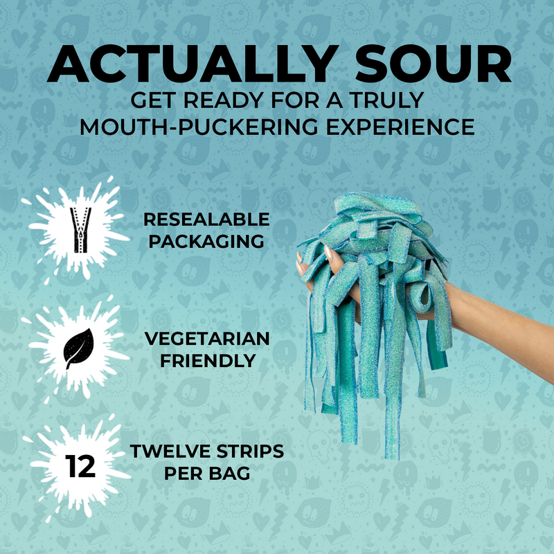 A hand holds a bundle of Blue Raspberry Sour Strips against a blue patterned background. The text reads, "ACTUALLY SOUR, GET READY FOR A TRULY MOUTH-PUCKERING EXPERIENCE." Product features include resealable packaging, vegetarian-friendly ingredients, and twelve Sour Strips per bag, available in the Blue Raspberry Party Pack-Three Pack by Sour Strips.