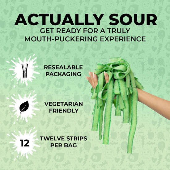  A hand holding a bunch of sour green apple candy strips. Text on the image includes "Actually Sour," "Get Ready for a Truly Mouth-Puckering Experience," alongside three bullet points: "Resealable Packaging," "Vegetarian Friendly," and "Twelve Strips Per Bag."