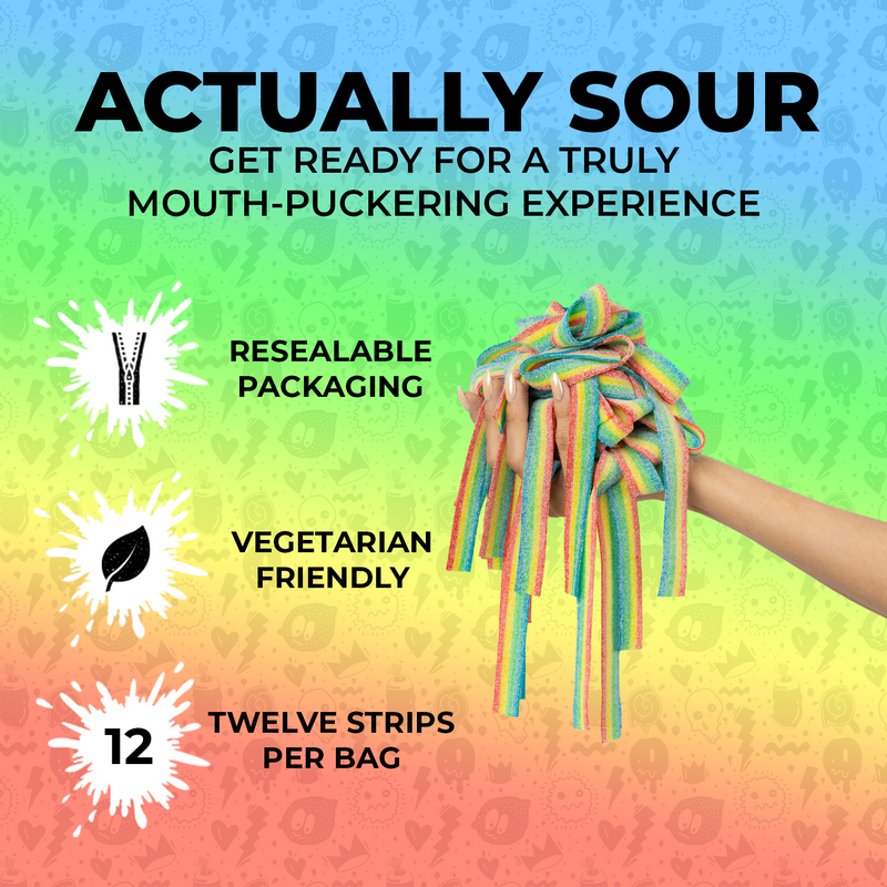 Hand holding a rainbow-colored Original Sampler-Six Pack by Sour Strips with text describing the product: "Actually Sour: Get ready for a truly mouth-puckering experience. Resealable packaging, vegetarian-friendly, 12 extremely sour strips per bag," accompanied by graphics of a zipper, leaf, and the number 12.