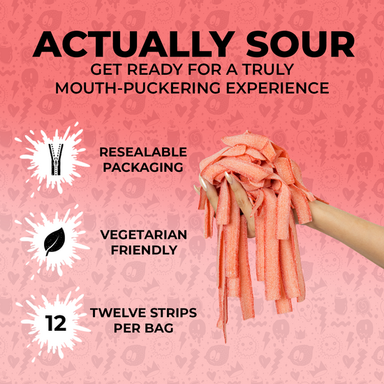  A hand holding a bunch of sour strawberry candy strips. Text on the image includes "Actually Sour," "Get Ready for a Truly Mouth-Puckering Experience," alongside three bullet points: "Resealable Packaging," "Vegetarian Friendly," and "Twelve Strips Per Bag."